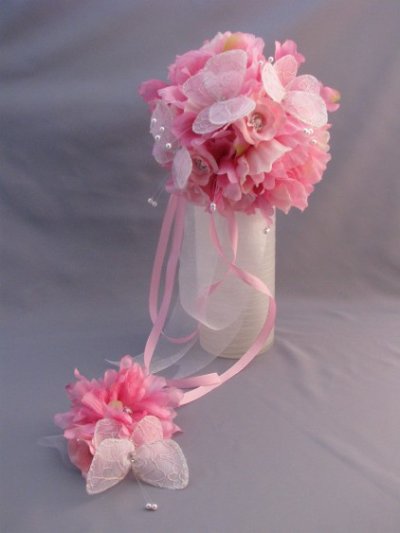 画像1: ウェディングブーケ（ラウンドブーケ・造花）　ピンク&ホワイト/白