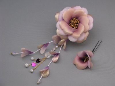 画像2: 花髪飾り さがり付き ピンク&パープル/紫