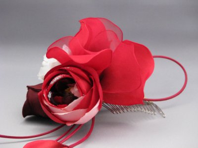 画像4: バラ髪飾り　花びらさがり付き　レッド/赤&ホワイト/白