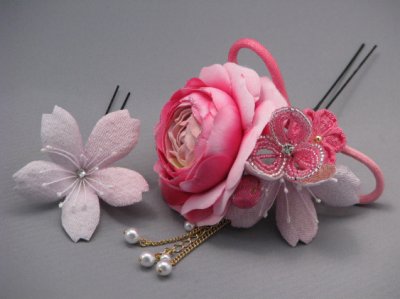 画像1: バラ・桜&つまみ細工・花髪飾り さがり付き ピンク