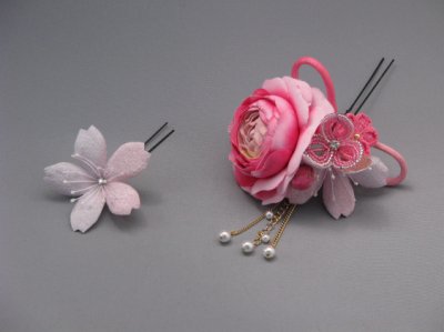 画像3: バラ・桜&つまみ細工・花髪飾り さがり付き ピンク