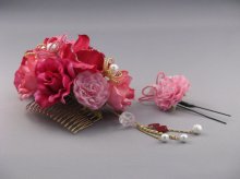 他の写真1: [着物・成人式・袴・卒業式・結婚式・ウェディング]バラ髪飾り ゴールドチェーン・パールさがり付き レッド/赤&ピンク