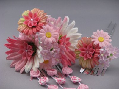 画像4: 七五三2点セット髪飾り　つまみ細工・マーガレット花かんざし　ピンク&ホワイト/白