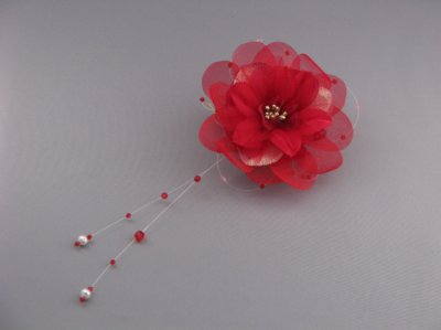 画像1: 花髪飾り ビーズさがり付き レッド/赤
