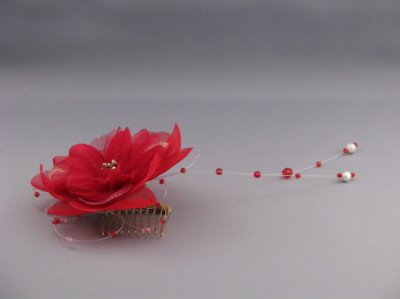 画像2: 花髪飾り ビーズさがり付き レッド/赤