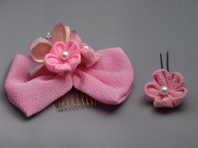 画像1: 七五三リボン髪飾り 桜&ちりめんつまみ細工 ピンク