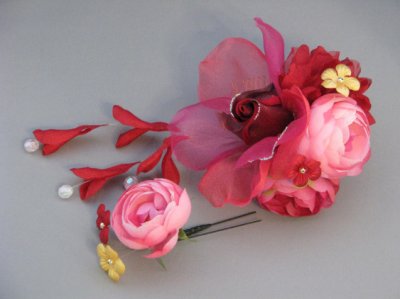 画像2: バラ花髪飾り 花びらさがり付き レッド/赤&ピンク