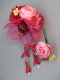 バラ花髪飾り 花びらさがり付き レッド/赤&ピンク