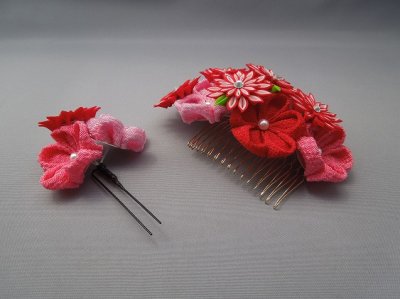 画像3: ちりめんつまみ細工花髪飾り レッド/赤&ピンク