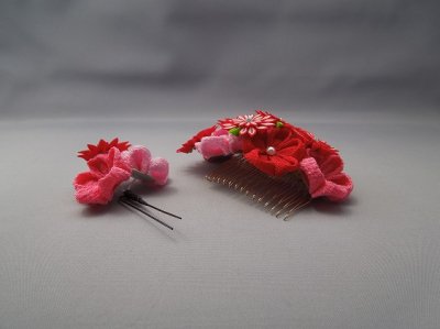 画像4: ちりめんつまみ細工花髪飾り レッド/赤&ピンク