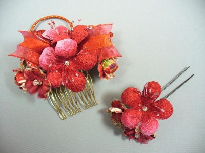 画像3: [七五三]ちりめん桜髪飾り　レッド/赤