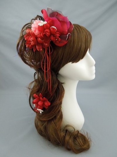 画像1: 髪飾り 着物 成人式 振袖 袴 卒業式 結婚式 七五三 花 髪飾り リボン さがり 付き レッド 赤 ピンク