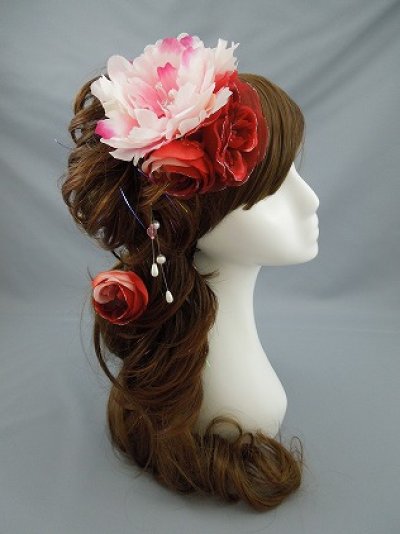画像1: 髪飾り 着物 成人式 振袖 袴 卒業式 結婚式 七五三 芍薬 しゃくやく バラ 髪飾り さがり 付き レッド 赤 ピンク
