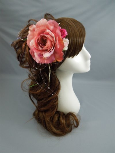 画像1: [着物・成人式・袴・卒業式・結婚式・ウェディング・パーティー]バラ髪飾り さがり付き ローズピンク