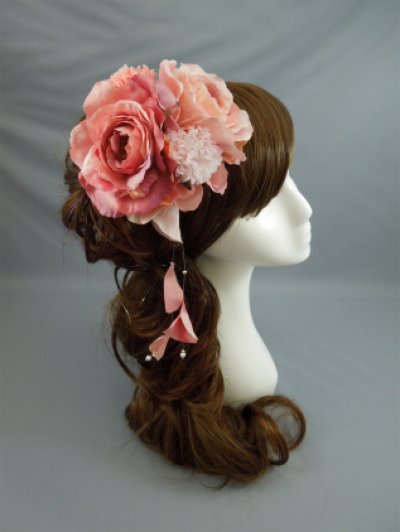 画像1: バラ&マム花髪飾り さがり付き ピンク