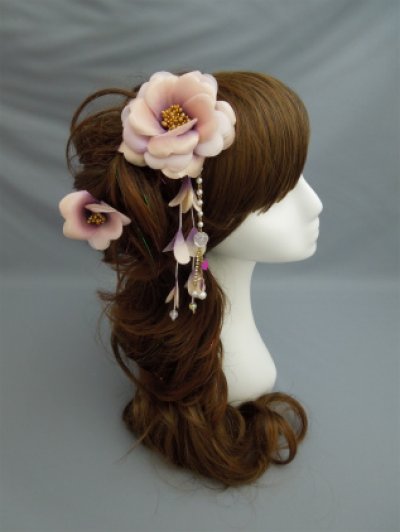 画像1: 花髪飾り さがり付き ピンク&パープル/紫