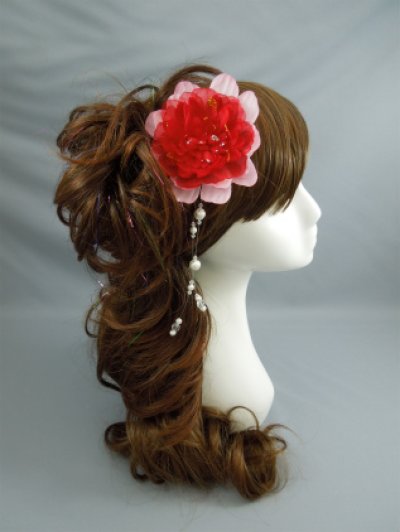 画像1: 髪飾り 着物 成人式 振袖 袴 卒業式 結婚式 七五三 花 髪飾り パール さがり 付き レッド 赤 ピンク