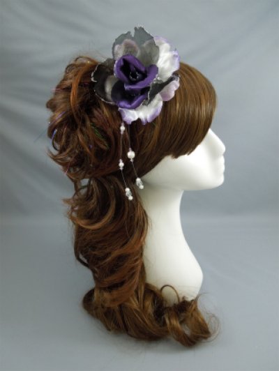 画像1: バラ髪飾り パールさがり付き パープル/紫・ブラック/黒・ホワイト/白&ゴールド 