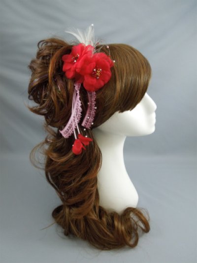 画像5: 花髪飾り 羽・レース・さがり付き　レッド/赤