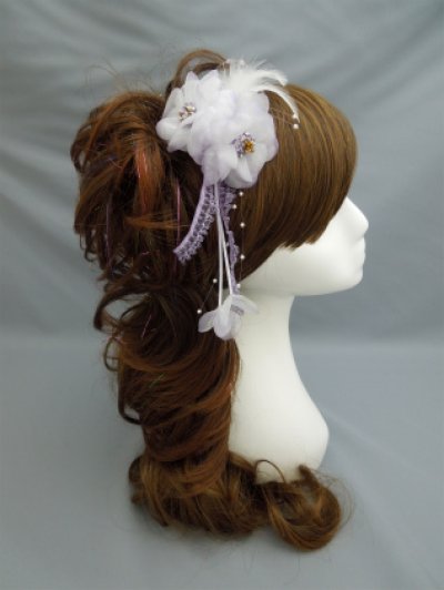画像1: 髪飾り 着物 成人式 振袖 袴 卒業式 結婚式 七五三 花 髪飾り 羽 レース さがり付き パープル 薄 紫