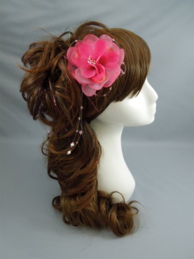 画像1: 花髪飾り ビーズさがり付き ピンク