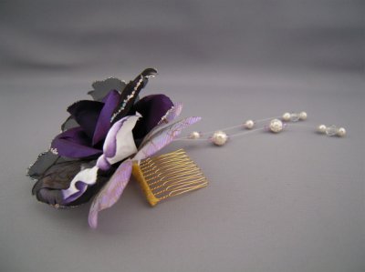 画像3: バラ髪飾り パールさがり付き パープル/紫・ブラック/黒・ホワイト/白&ゴールド 
