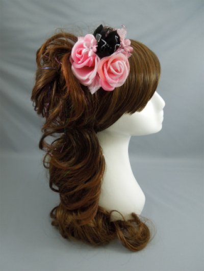 画像1: バラ髪飾り ピンク&ブラック/黒