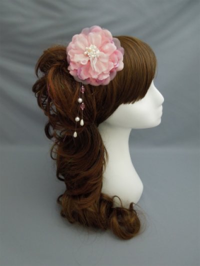 画像1: [着物・成人式・袴・卒業式・結婚式・ウェディング・パーティー]花髪飾り パール・ビーズさがり付き ピンク