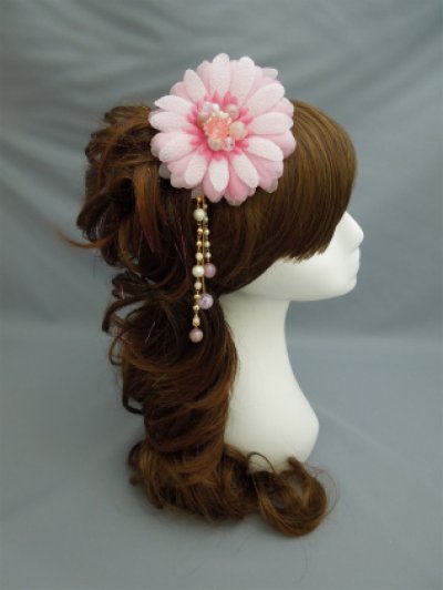 画像1: 髪飾り 着物 成人式 振袖 袴 卒業式 結婚式 七五三 ちりめん 花 髪飾り ビーズ さがり 付き ピンク
