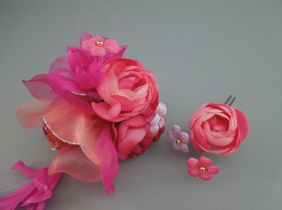画像3: バラ花髪飾り 花びらさがり付き ピンク