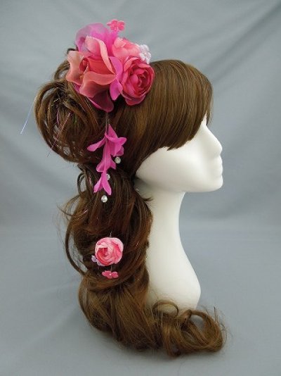 画像1: バラ花髪飾り 花びらさがり付き ピンク