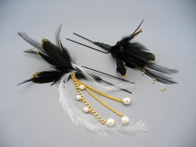 画像3: [着物・成人式・袴・卒業式・結婚式・ウェディング・パーティー]羽髪飾り　パールさがり付き　ブラック/黒&ゴールド