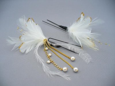 画像3: [着物・成人式・袴・卒業式・結婚式・ウェディング・パーティー]羽髪飾り　パールさがり付き　ホワイト/白&ゴールド