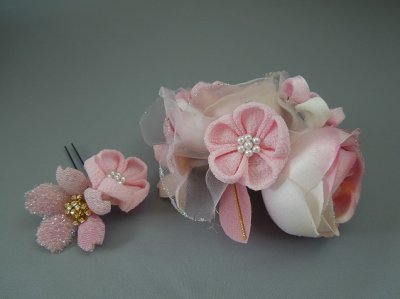 画像4: バラ・桜&つまみ細工・花髪飾り ピンク&ホワイト