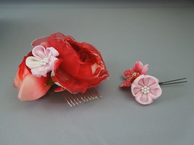 画像4: バラ・桜&つまみ細工・花髪飾り レッド/赤&ピンク