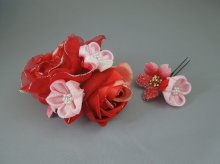 他の写真2: バラ・桜&つまみ細工・花髪飾り レッド/赤&ピンク