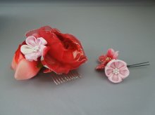 他の写真3: バラ・桜&つまみ細工・花髪飾り レッド/赤&ピンク