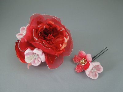 画像1: バラ・桜&つまみ細工・花髪飾り レッド/赤&ピンク