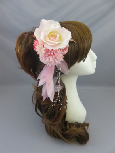 画像1: [髪飾り 着物・成人式・袴・卒業式・結婚式用]バラ・マム＆つまみ細工花髪飾り 花びらさがり付き ピンク