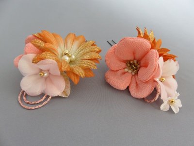 画像4: 髪飾り 着物 成人式 振袖 袴 卒業式 結婚式 七五三 ちりめん つまみ細工 花 デイジー マム 小花髪飾り オレンジ ピンク 5点セット