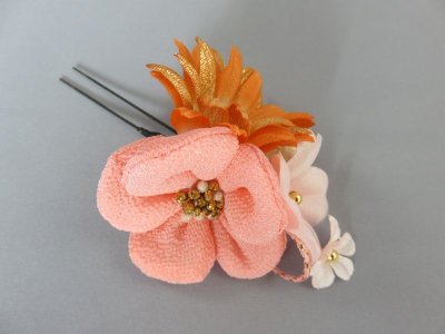 画像6: 髪飾り 着物 成人式 振袖 袴 卒業式 結婚式 七五三 ちりめん つまみ細工 花 デイジー マム 小花髪飾り オレンジ ピンク 5点セット