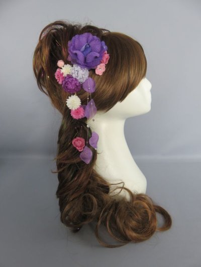 画像1: 髪飾り 着物 成人式 振袖 袴 卒業式 結婚式 七五三 ちりめん 花 髪飾り さがり付き 紫・ブルー・ワイン・ピンク