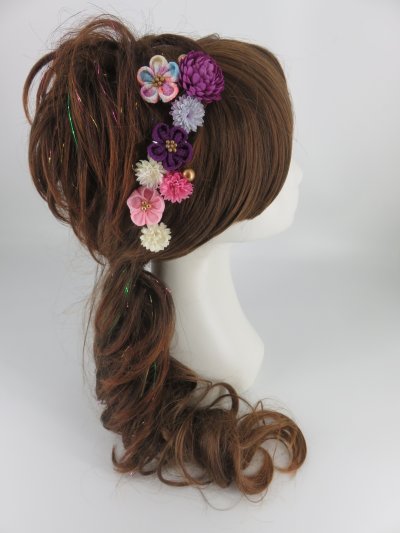画像1: 髪飾り 着物 成人式 振袖 袴 卒業式 結婚式 七五三 バラ ちりめんつまみ細工 髪飾り  ホワイト 白 ピンク 紫 ワイン グラデーション 花4点セット