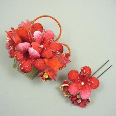 画像1: [七五三]ちりめん桜髪飾り　レッド/赤