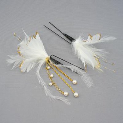 画像2: [着物・成人式・袴・卒業式・結婚式・ウェディング・パーティー]羽髪飾り　パールさがり付き　ホワイト/白&ゴールド