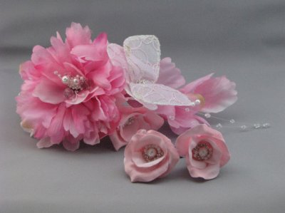 画像1: ウェディングブーケ　お揃い髪飾り　バラ&蝶々　ピンク&ホワイト/白