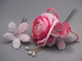 画像: バラ・桜&つまみ細工・花髪飾り さがり付き ピンク