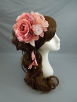 画像: バラ&マム花髪飾り さがり付き ピンク