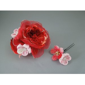 画像: バラ・桜&つまみ細工・花髪飾り レッド/赤&ピンク