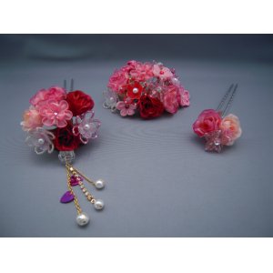 画像: 髪飾り 着物 成人式 振袖 袴 卒業式 結婚式 七五三 ３点 セット かんざし レッド 赤 ピンク